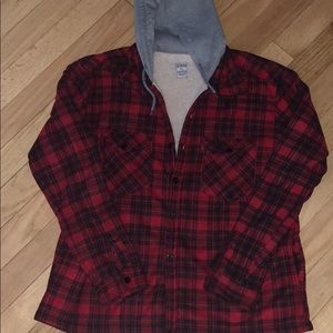 Fleece lined plaid button up hoodie
